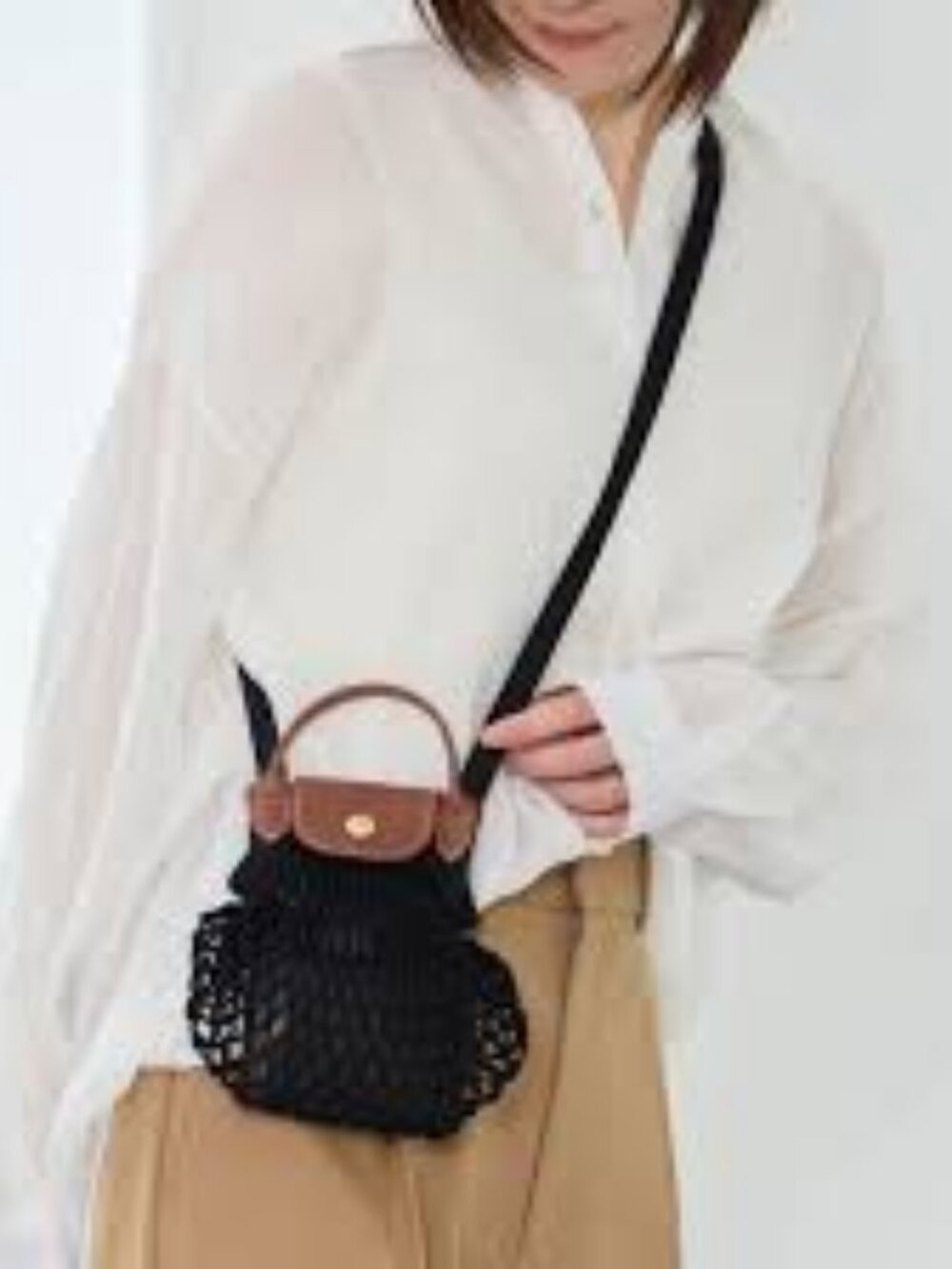 NWT Womens Longchamp Le Pliage Filet XS Mesh Shoulder Bag W/Brown Leather Handle